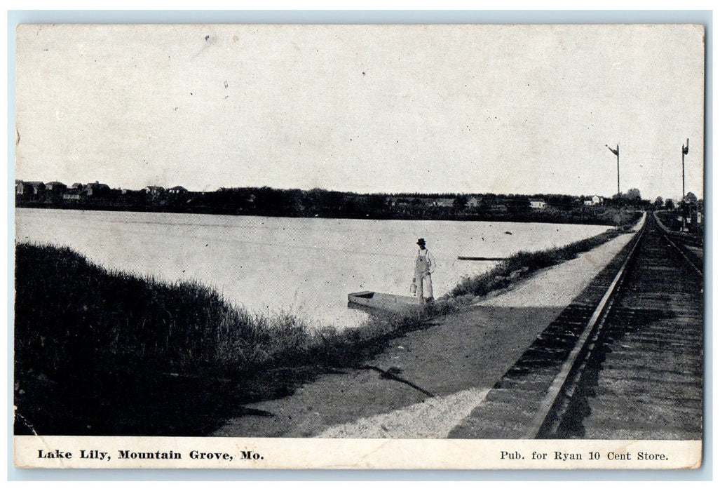 1913 Lake Lily Railroad Dock Man & Boat View Mountain Grove Missouri MO Postcard