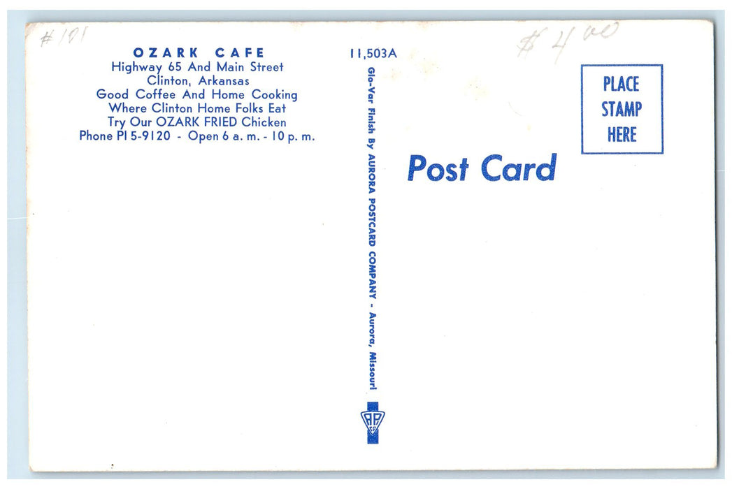 c1960's Ozark Cafe Exterior Roadside Clinton Arkansas AR Unposted Cars Postcard