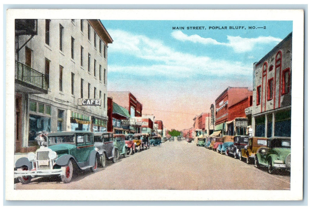 c1920 Main Street Downtown Classic Cars Stores Poplar Bluff Missouri MO Postcard