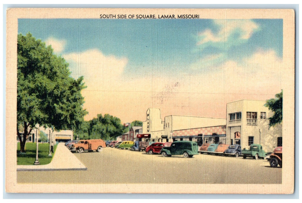 c1920 South Side Of Square Trading Center Classic Car Lamar Missouri MO Postcard