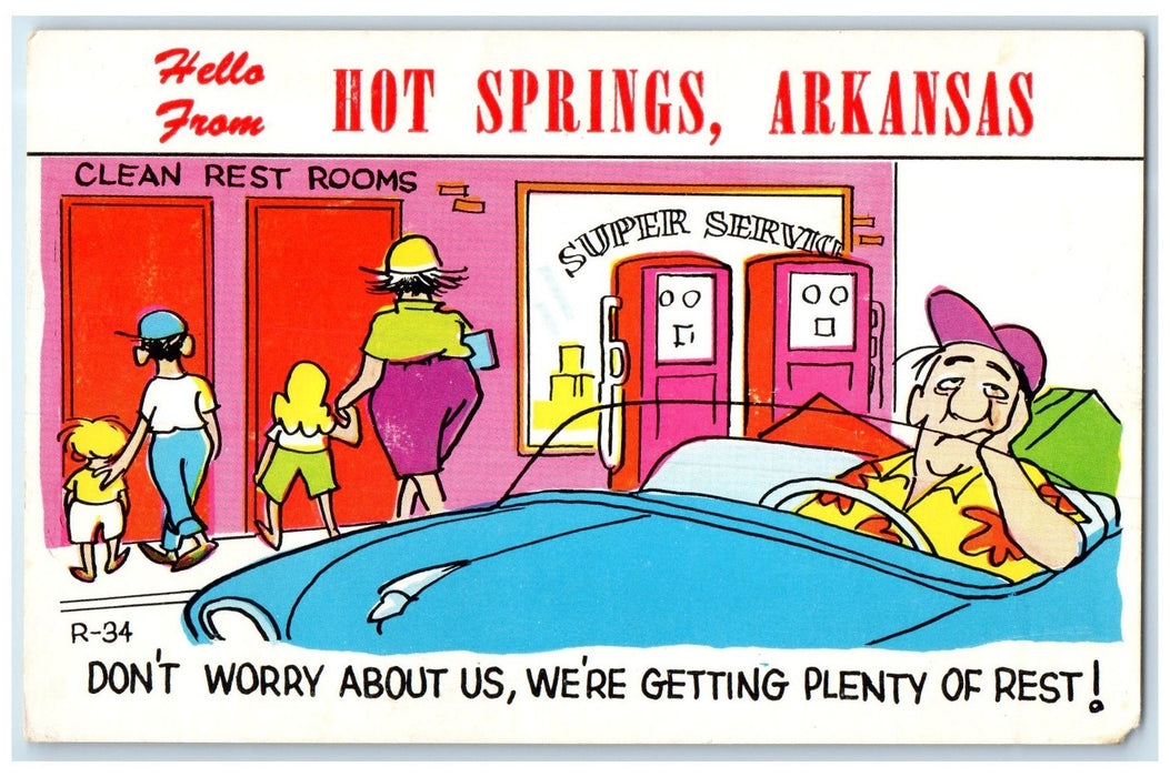 c1940's Hello From Hot Springs Man In Car Arkansas AR Unposted Vintage Postcard