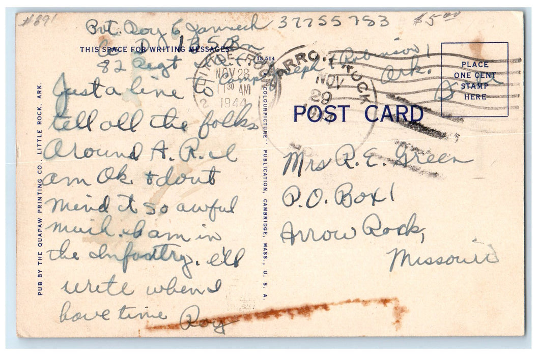 1944 U. S. O. Club Exterior Roadside Little Rock Arkansas AR Posted Postcard