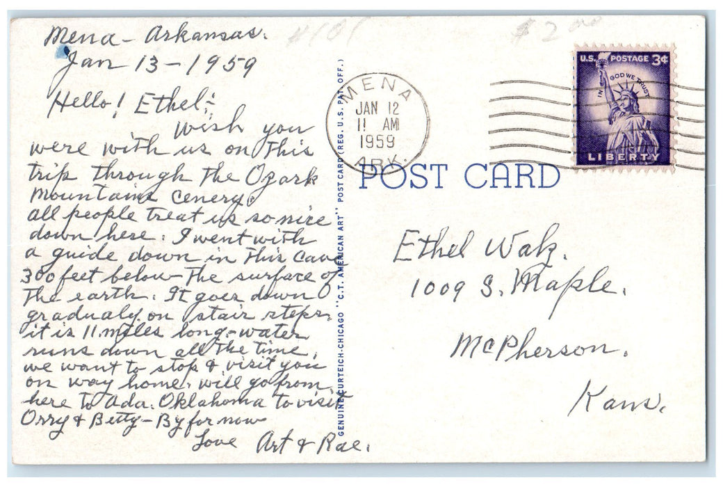 1959 Civil War Cave Falls Scene Bentonville Arkansas AR Posted Vintage Postcard