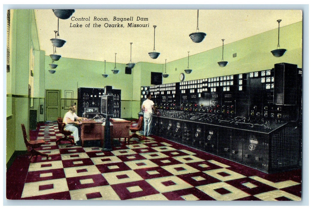 c1950's Control Room Personnel Bagnell Dam Lake At Ozarks Missouri MO Postcard