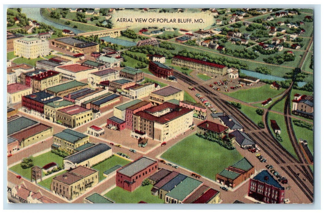 c1940's Aerial View Buildings Houses Roads Of Poplar Bluff Missouri MO Postcard