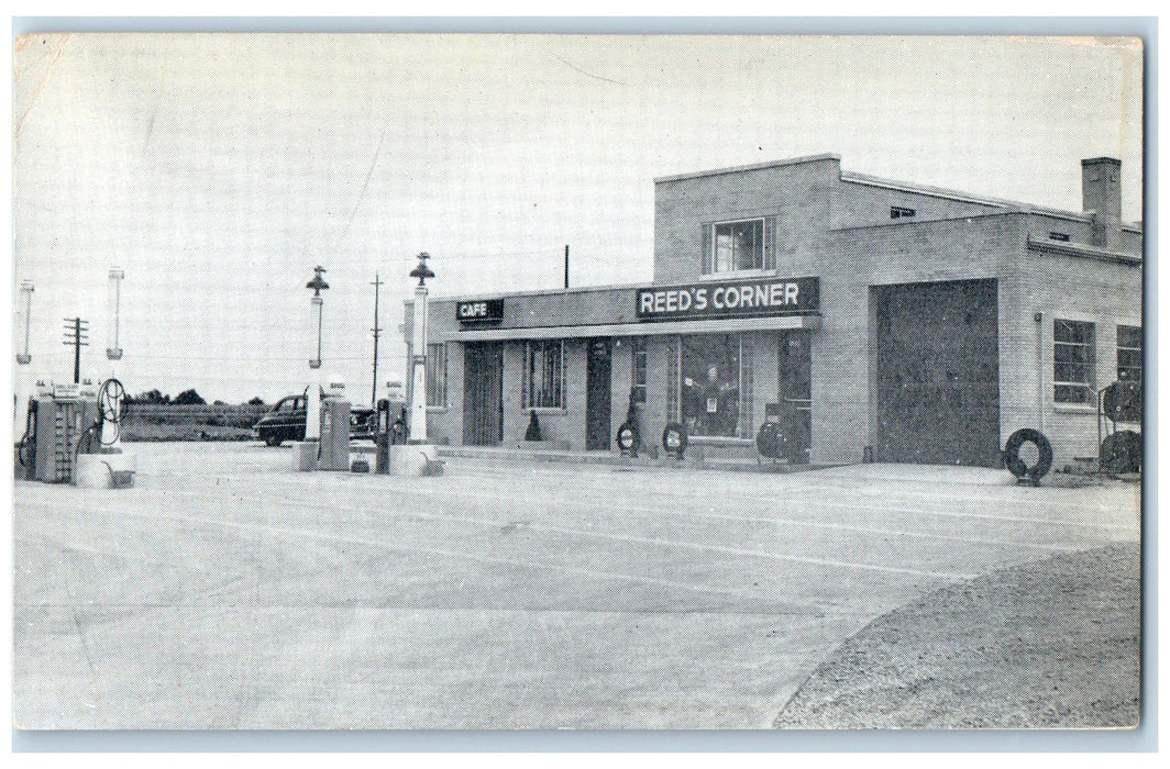 c1950 Reeds Corner Gas Station Whole Sale & Retail Moberly Missouri MO Postcard