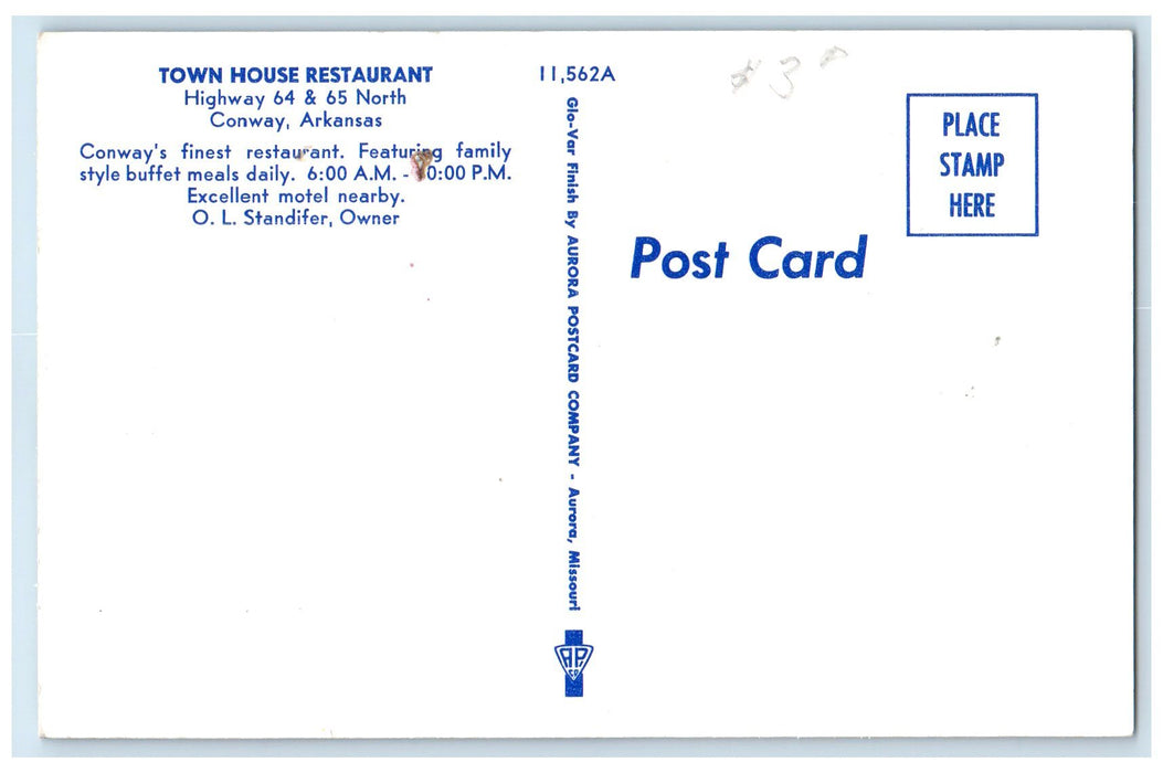 c1960's Town House Restaurant Roadside Conway Arkansas AR Unposted Cars Postcard