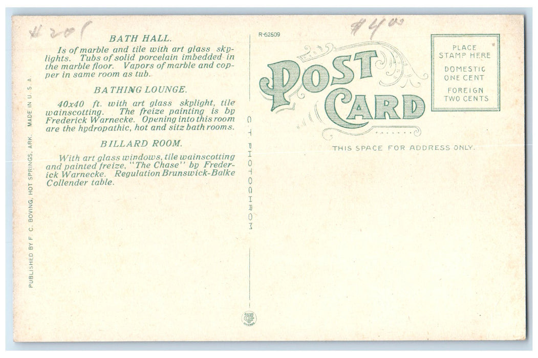c1940s Maurice Baths Bathing Dept Billiard Room Hot Springs Arkansas AR Postcard
