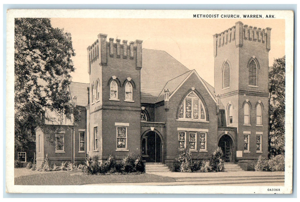 1936 Methodist Church Exterior Roadside Warren Arkansas AR Posted Trees Postcard