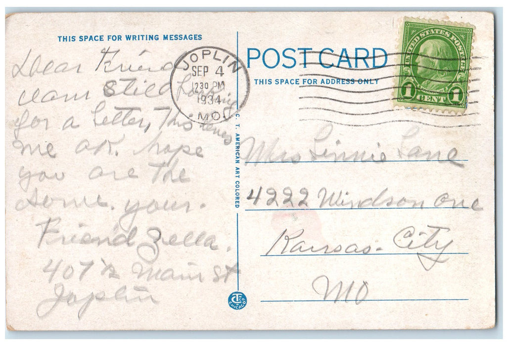 1934 Junge's Park Flowers Beads Landscape Joplin Missouri MO Posted Postcard