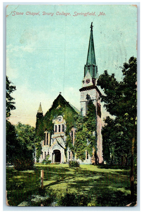 1909 Stone Chapel Drury College Building Clock Tower Springfield MO Postcard