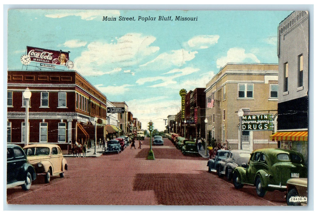 1951 Main Street Classic Cars Parked Poplar Bluff Missouri MO Posted Postcard