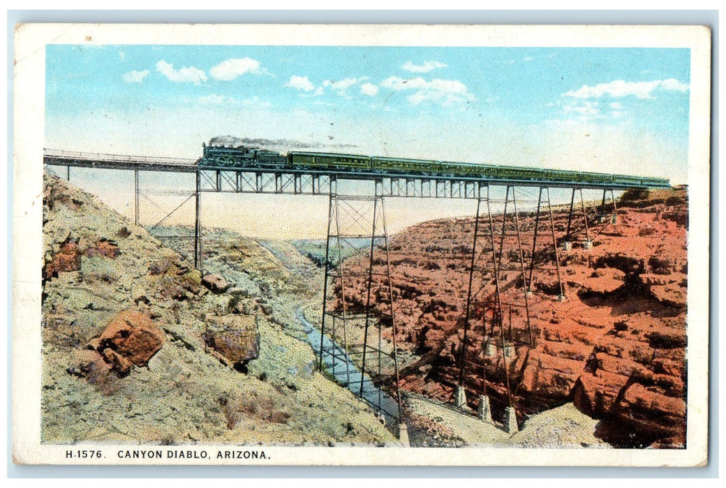 1924 Crossing Train Locomotor & Tresle Bridge Canyon Diablo Arizona AZ Postcard