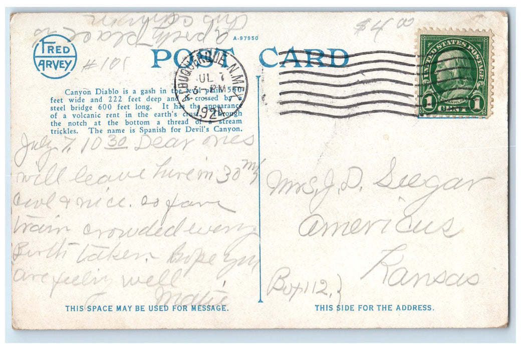 1924 Crossing Train Locomotor & Tresle Bridge Canyon Diablo Arizona AZ Postcard