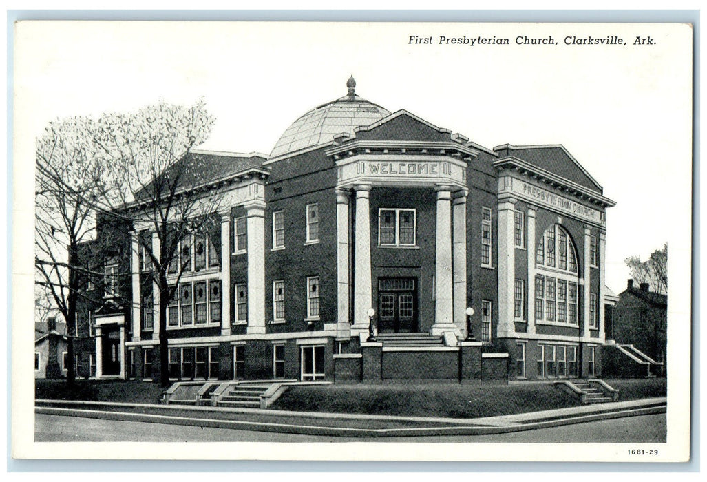 c1940s First Presbyterian Church Exterior Clarksville Arkansas AR Trees Postcard