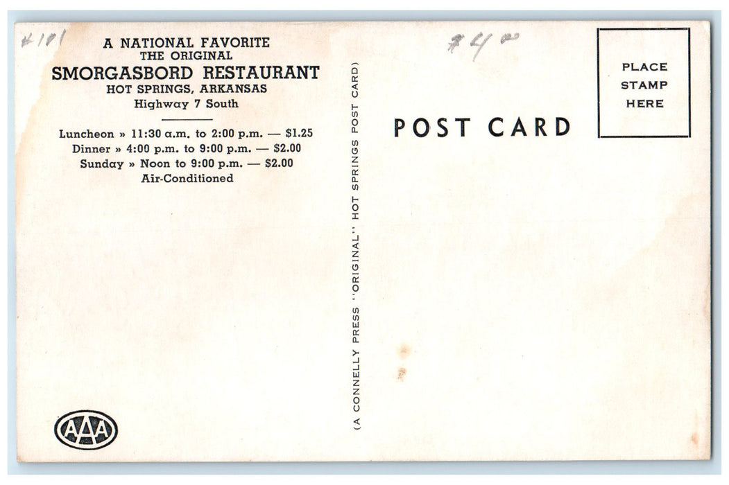 c1960s Smorgasbord Restaurant Roadside Hot Springs Arkansas AR Unposted Postcard