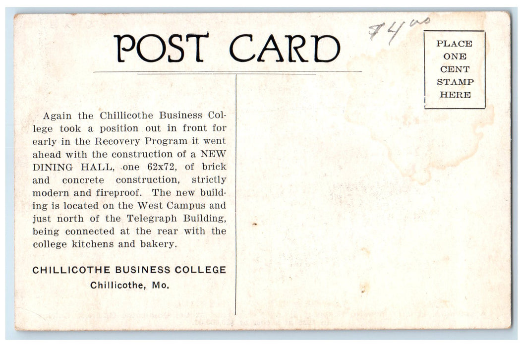 c1920 Chillicothe Business College Dining Hall Chillicothe Missouri MO Postcard