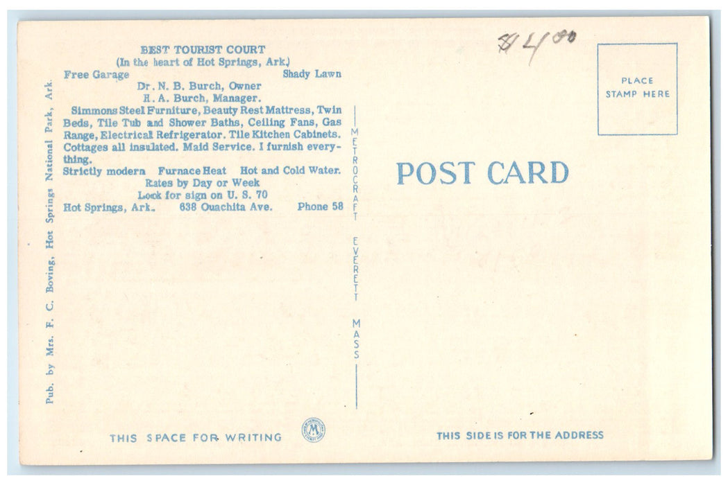 c1940s Best Tourist Court America's Finest Hot Springs National Park AR Postcard