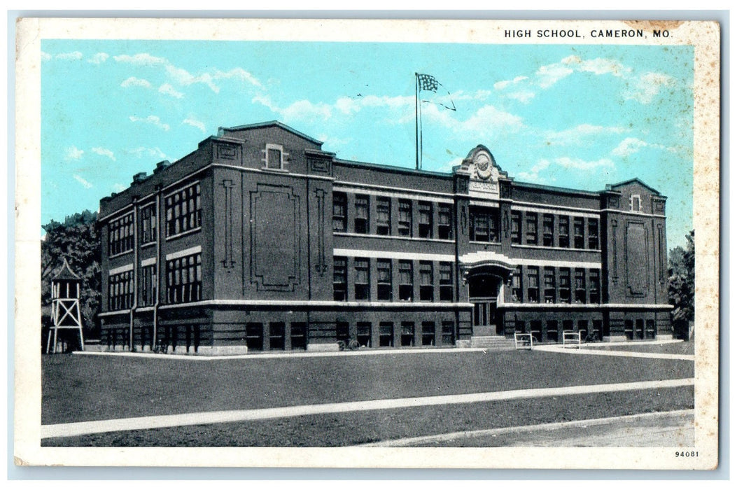 c1950 High School Campus Building US Flag Cameron Missouri MO Unposted Postcard