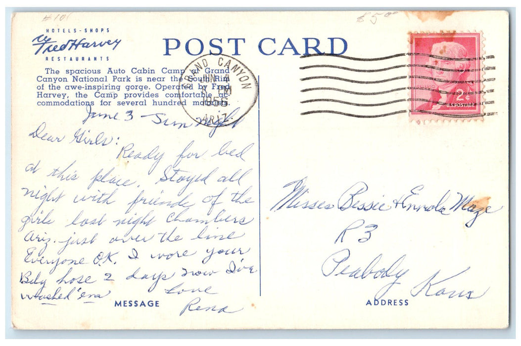 1956 Main Lodge Of Auto Cabin Camp Grand Canyon National Park AZ Posted Postcard