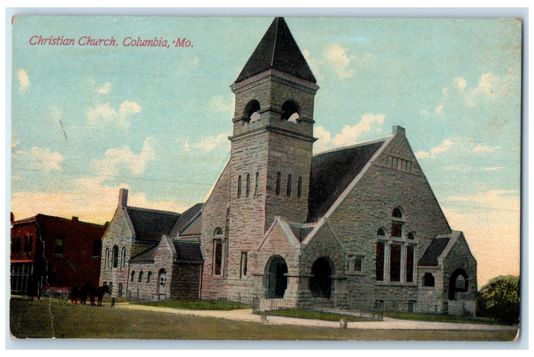 1914 Christian Church Building Horse Wagon Columbia Missouri MO Posted Postcard