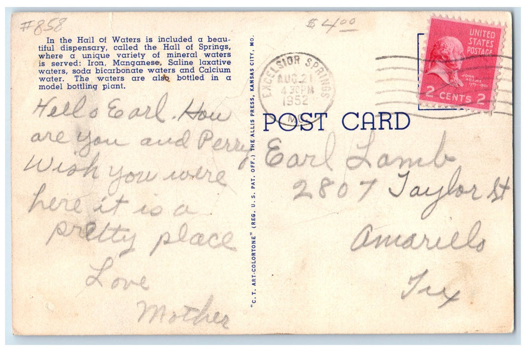 1952 Hall Of Water's Dispensary Excelsior Springs Missouri MO Posted Postcard