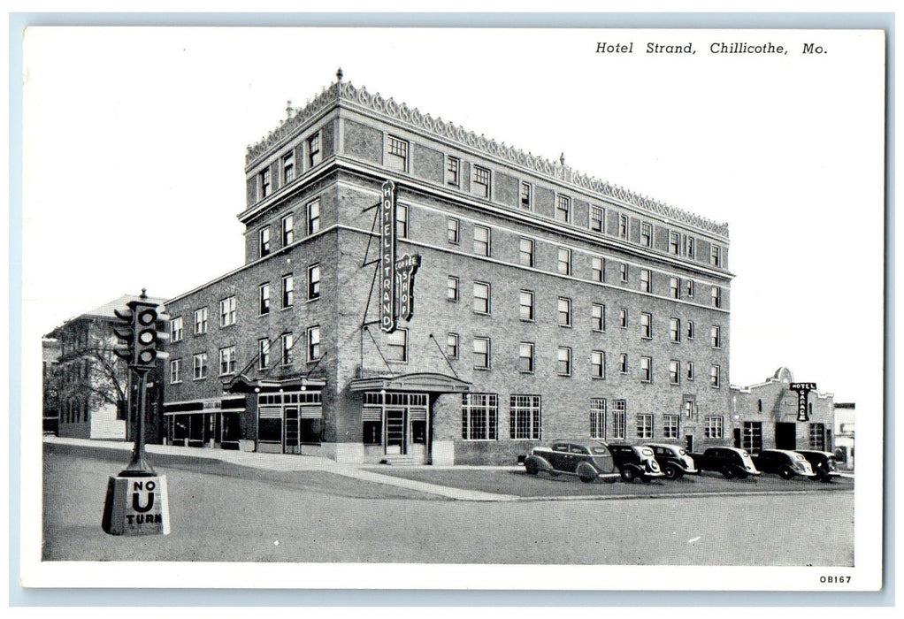 c1920's Hotel Strand Building Restaurant Classic Cars Chillicothe MO Postcard