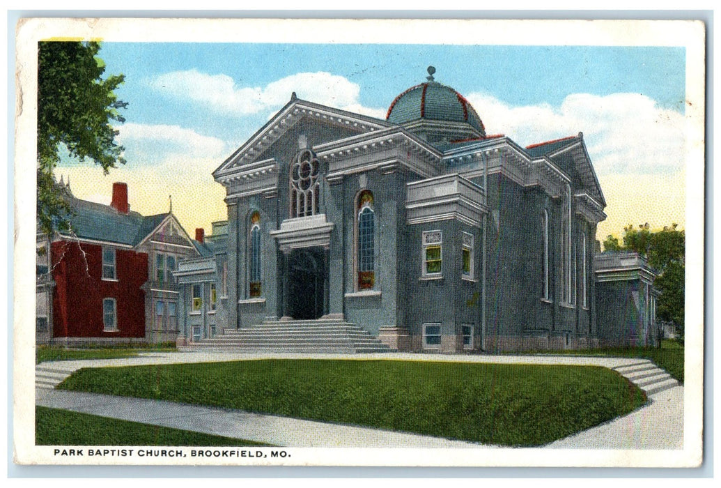 1916 Park Baptist Church Building Steps Entrance Brookfield Missouri MO Postcard