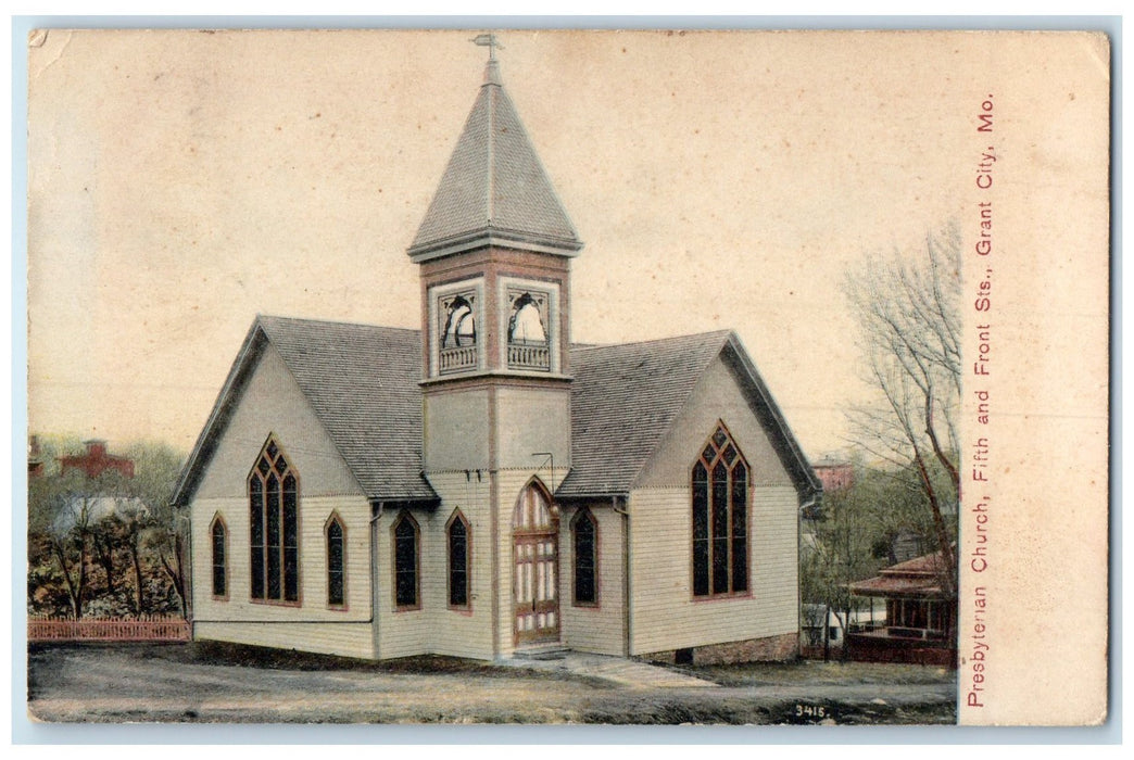 1908 Presbyterian Church Fifth & Front St. View Grant City Missouri MO Postcard