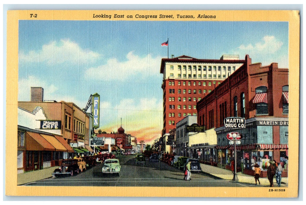 c1940's Looking East On Congress Street Cars Tucson Arizona AZ Unposted Postcard