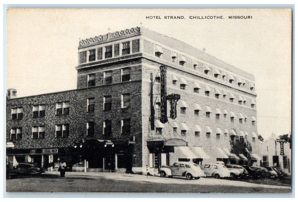 c1950's Hotel Strand Restaurant Building Classic Cars Chillicothe MO Postcard