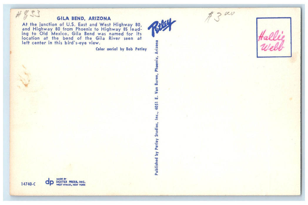 c1960's Bird's Eye View Of Gila River Gila Bend Arizona AZ Unposted Postcard