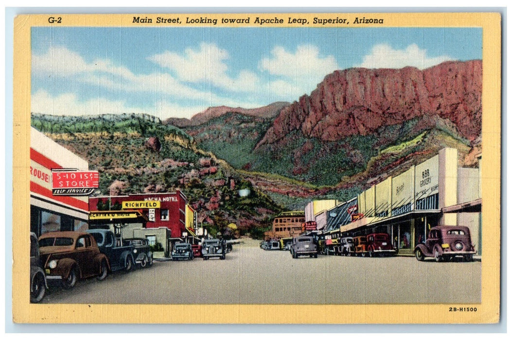 c1940's Main Street Looking Toward Apache Leap Superior Arizona AZ Cars Postcard