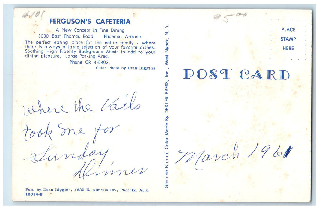 c1960's Ferguson's Cafeteria Interior Fine Dining Phoenix Arizona AZ Postcard