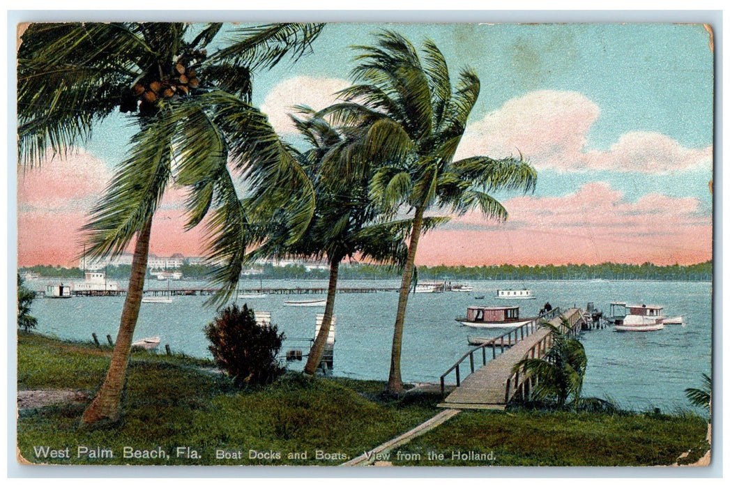 1910 Boat Docks And Boats View From Holland West Palm Beach Florida FL Postcard