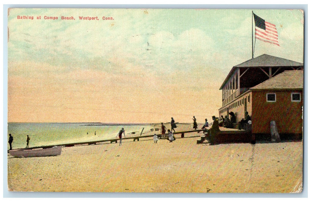 c1910's Bathing At Compo Beach Boat Sightseeing Westport Connecticut CT Postcard