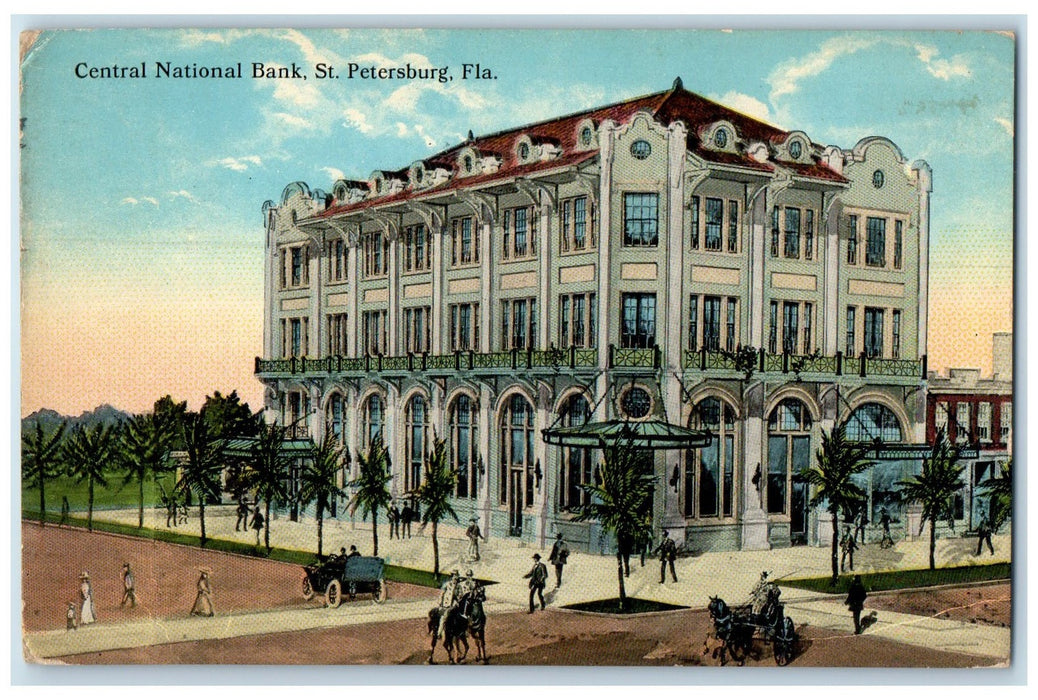 c1910's Central National Bank Exterior St. Petersburg Florida FL People Postcard