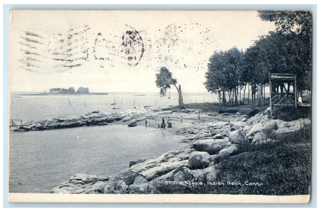 1906 Shore Scene Group Of Kids Boat Dock Indian Neck Connecticut CT Postcard