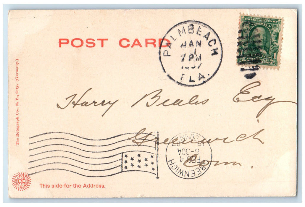 1907 Garden And Veranda Royal Poinciana Palm Beach Florida FL Posted Postcard