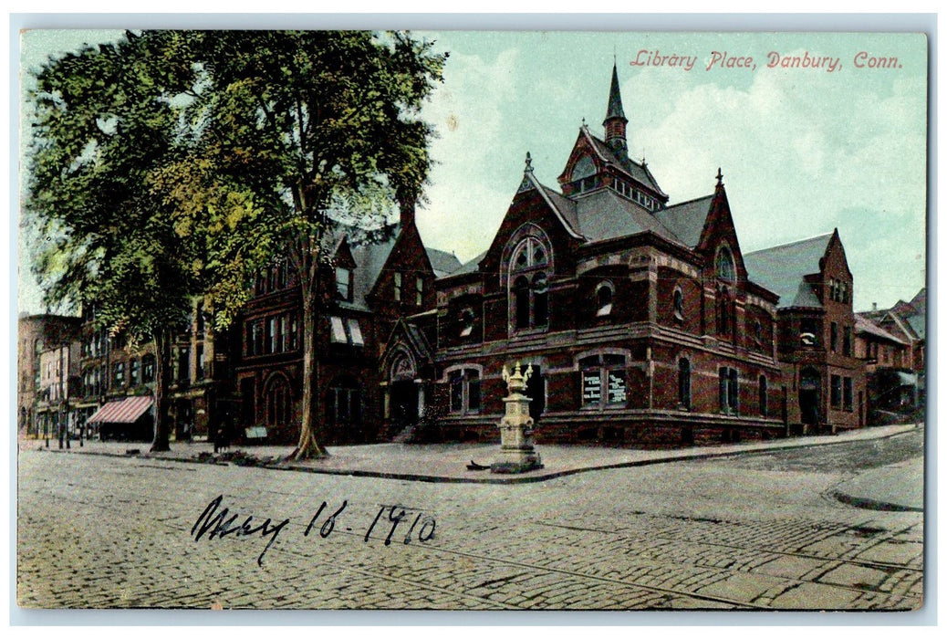 c1910 Library Place Building Tower Street Corner Danbury Connecticut CT Postcard