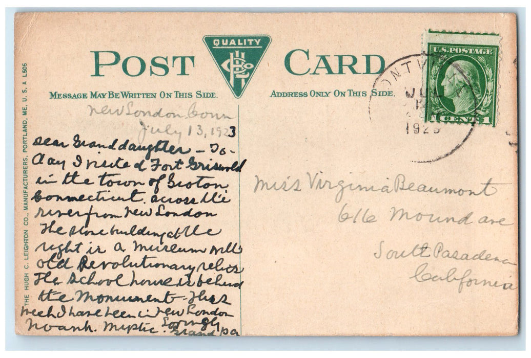 1923 Groton Monument View From Old Fort Griswold Groton Connecticut CT Postcard