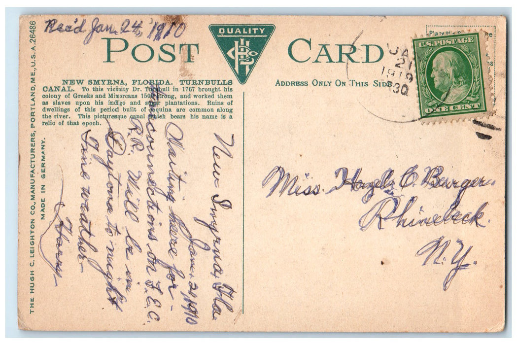 1919 Florida Turnbulls Canal Trees Scene New Smyrna Florida FL Posted Postcard