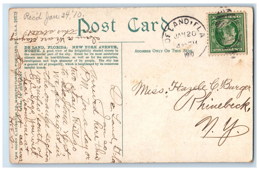 1914 New York Ave North Carriages Scene De Land Florida FL Posted Trees Postcard