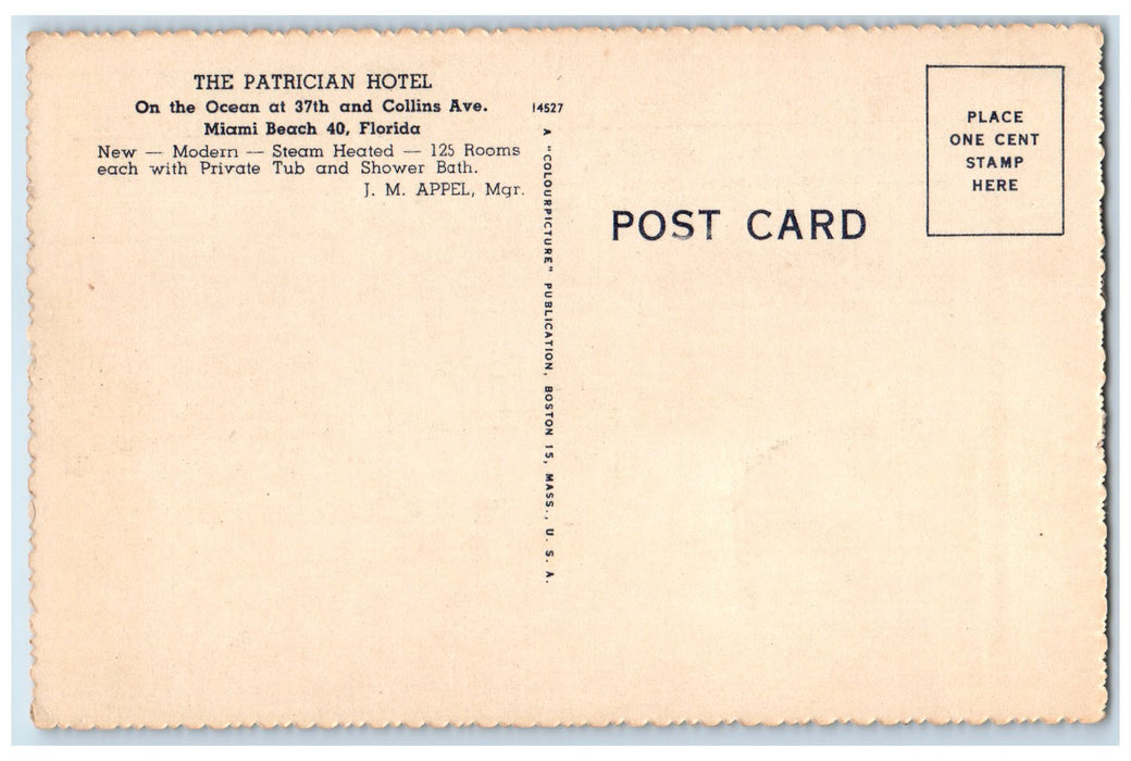 c1940's The Patrician Directly On The Ocean Restaurant Miami Beach FL Postcard