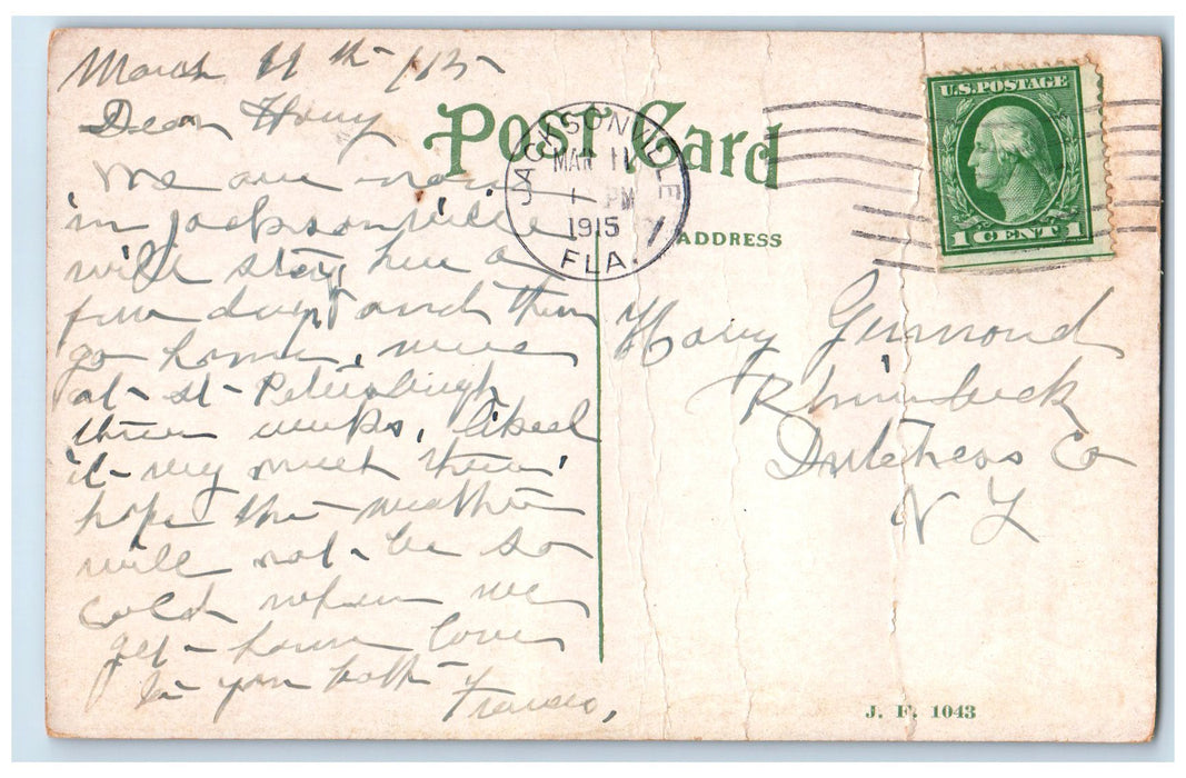 1915 View On Main Street Showing Palms Jacksonville Florida FL Posted Postcard