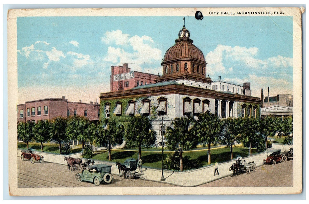 1919 City Hall Exterior Roadside Jacksonville Florida FL Posted Horses Postcard