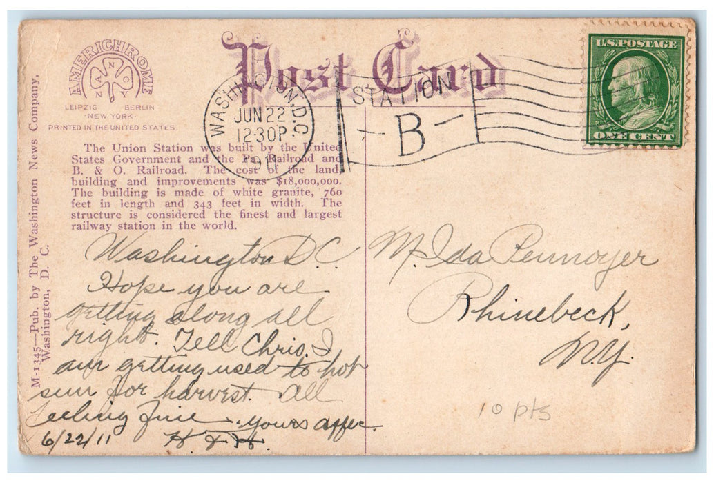 1911 Passenger Concourse New Union Station Terminal View Washington DC Postcard