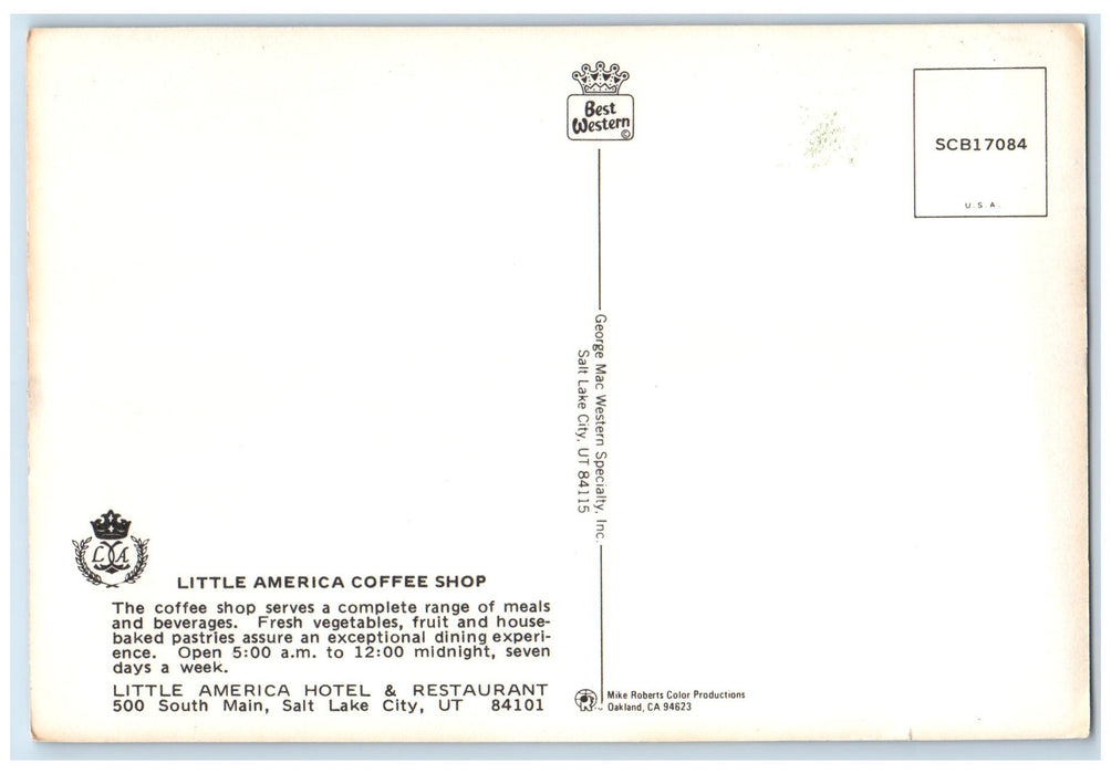 c1950's Little America Hotel & Restaurant Coffee Shop Salt Lake City UT Postcard