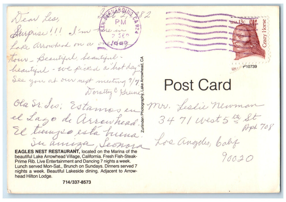 1982 Eagles Nest Restaurant Marina Lake Arrowhead Village California CA Postcard