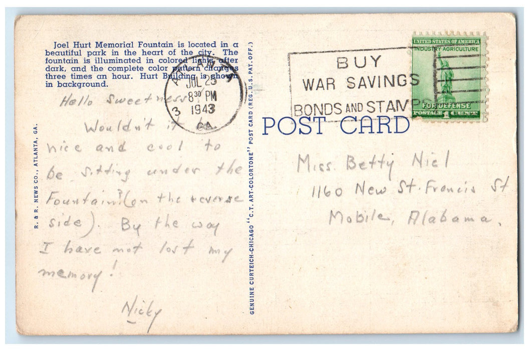 1943 Joel Hurt Memorial Fountain At Night Atlanta Georgia GA Posted Postcard